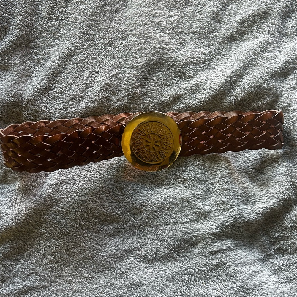 Elegant Brown leather Woven Belt with Gold Accent